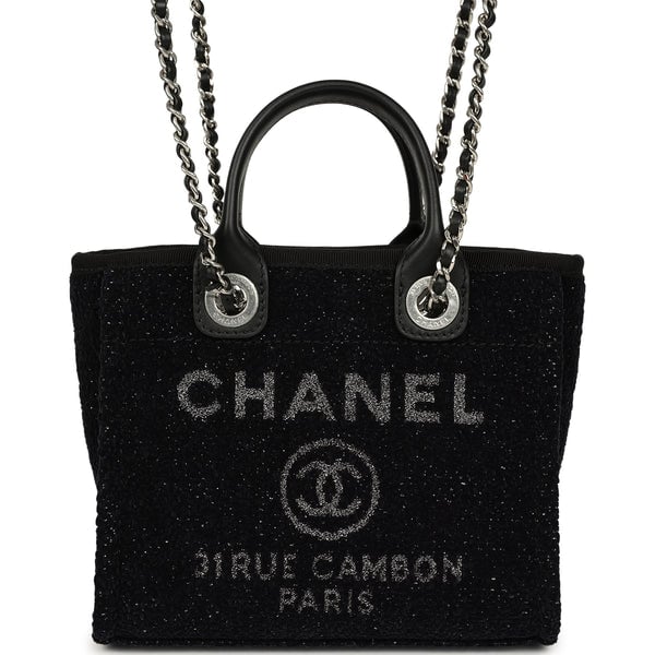 Chanel Mini Deauville Shopping Tote Black, Silver Tweed Boucle, Leather Silver Hardware