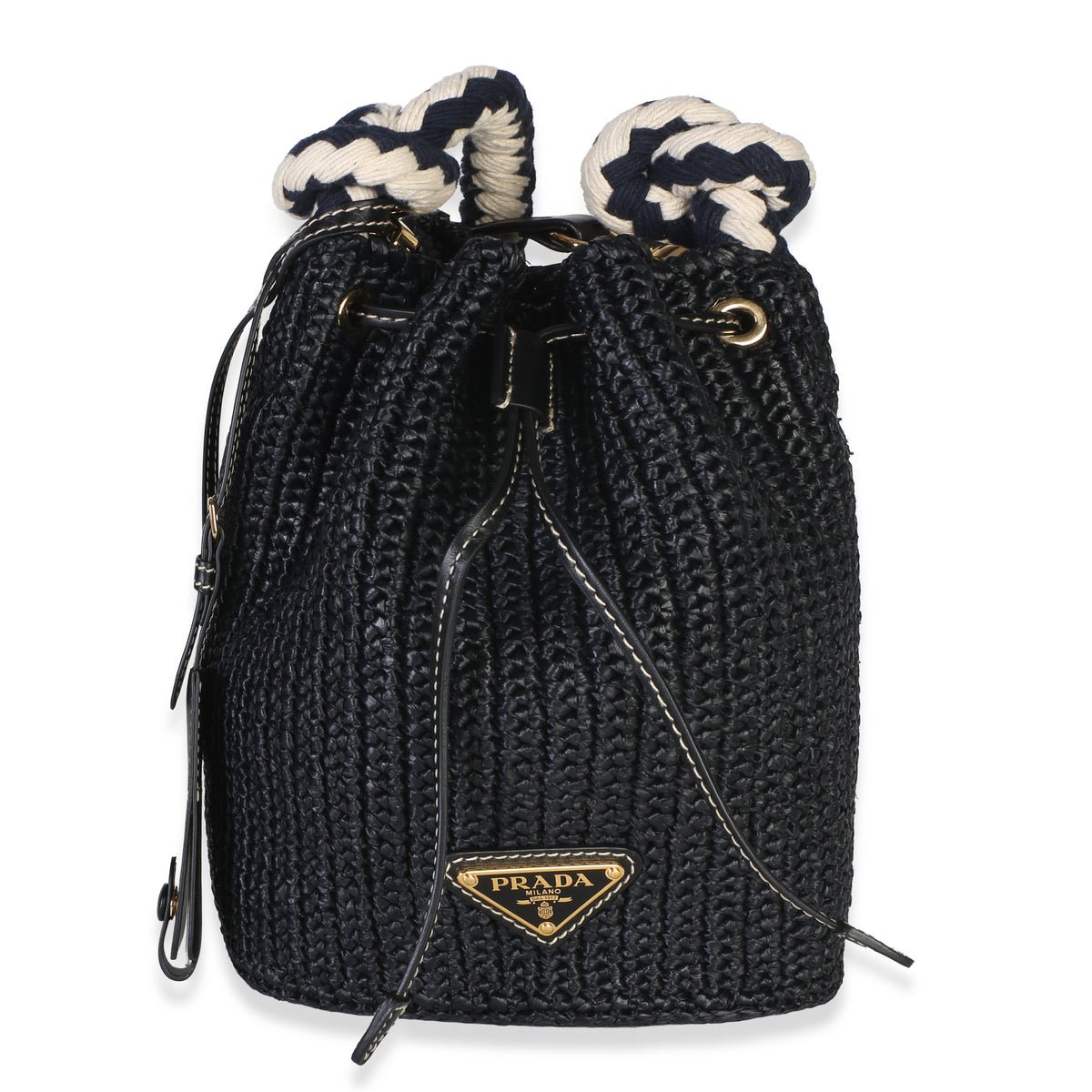 Black Yarn Raffia Effect Crochet Mini Drawstring Bucket Bag