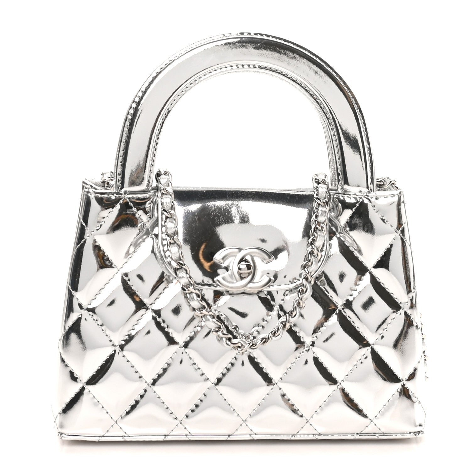 Chanel Mirror Calfskin Metallic Calfskin Quilted Nano Kelly Shopper Silvery