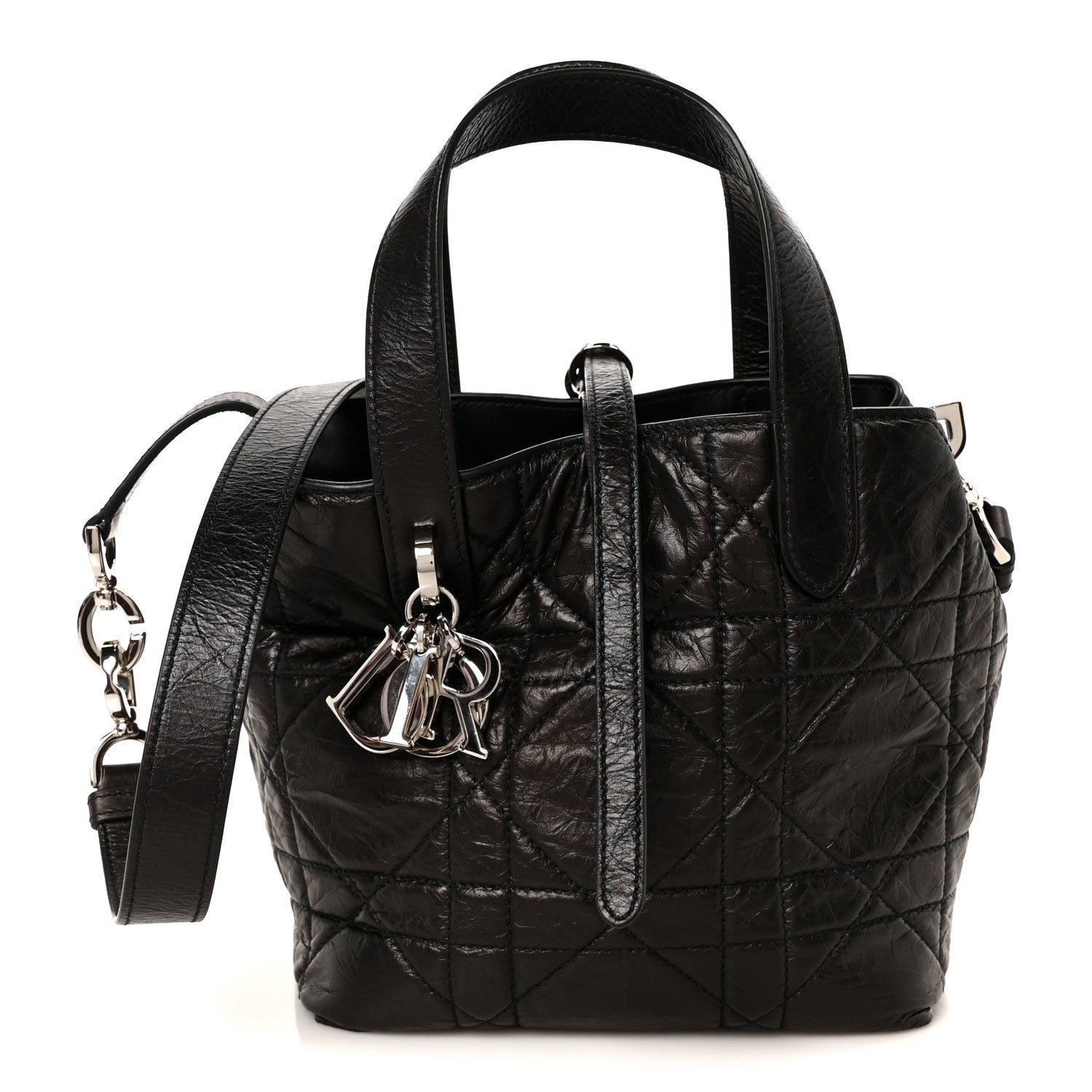 Christian Dior Crinkled Calfskin Macrocannage Small Toujours Vertical Tote Black