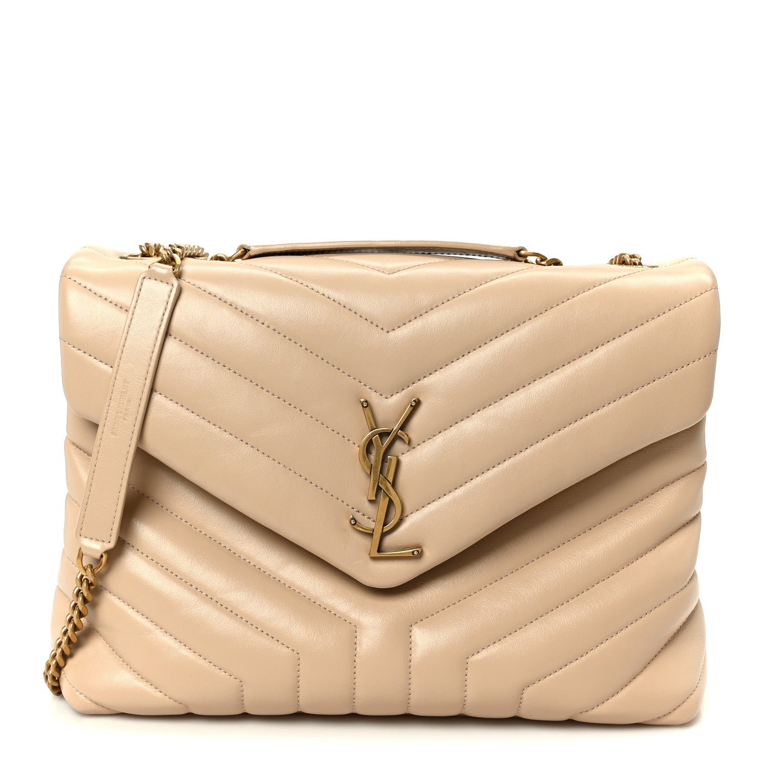 Saint Laurent Calfskin Y Quilted Monogram Medium Loulou Chain Satchel Dark Beige