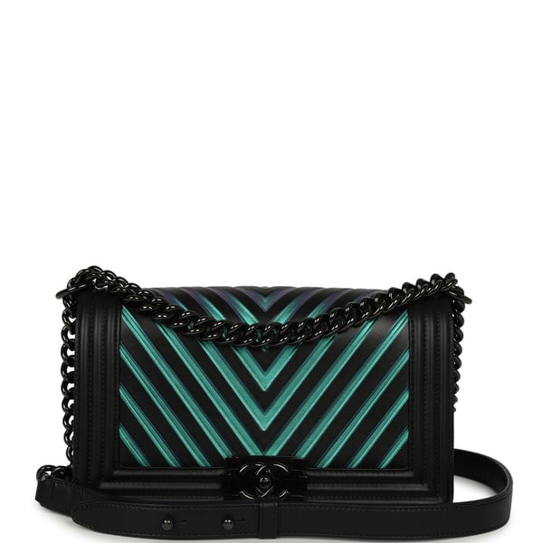 Pre-owned Chanel Medium Iridescent Chevron Boy Bag Black, Multicolored Calfskin Black Hardware