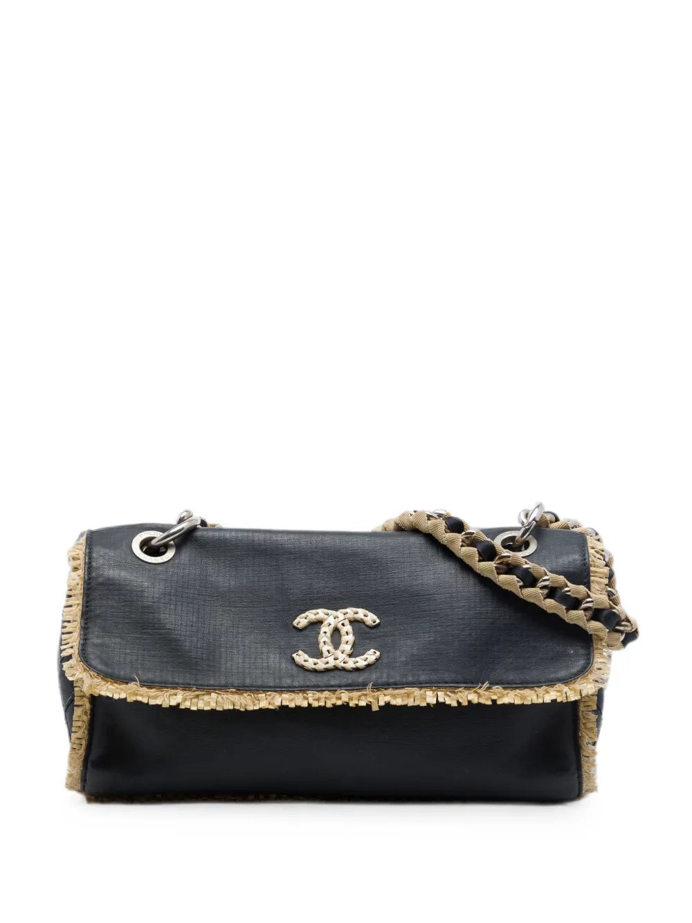 2009-2010 CC Raffia Fringe Trimmed Calfskin Chain Flap shoulder bag