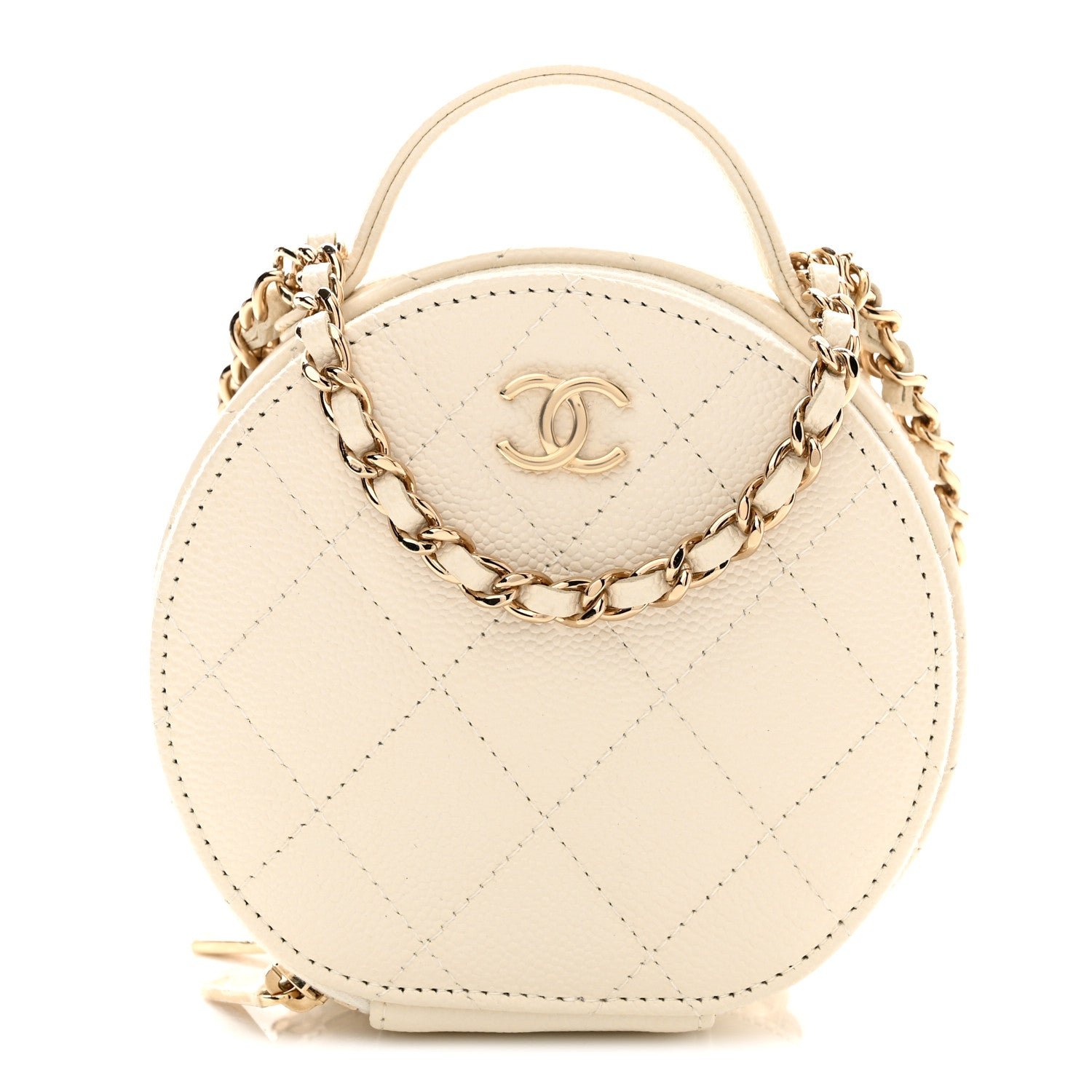 Chanel Caviar Quilted Round Handle With Care Vanity With Chain White
