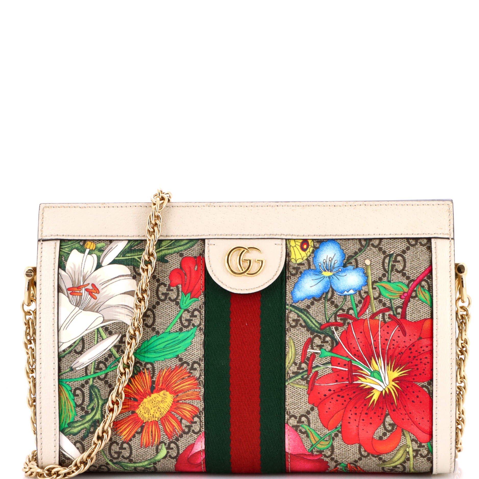 Gucci Ophidia Chain Shoulder Bag Flora GG Coated Canvas Small