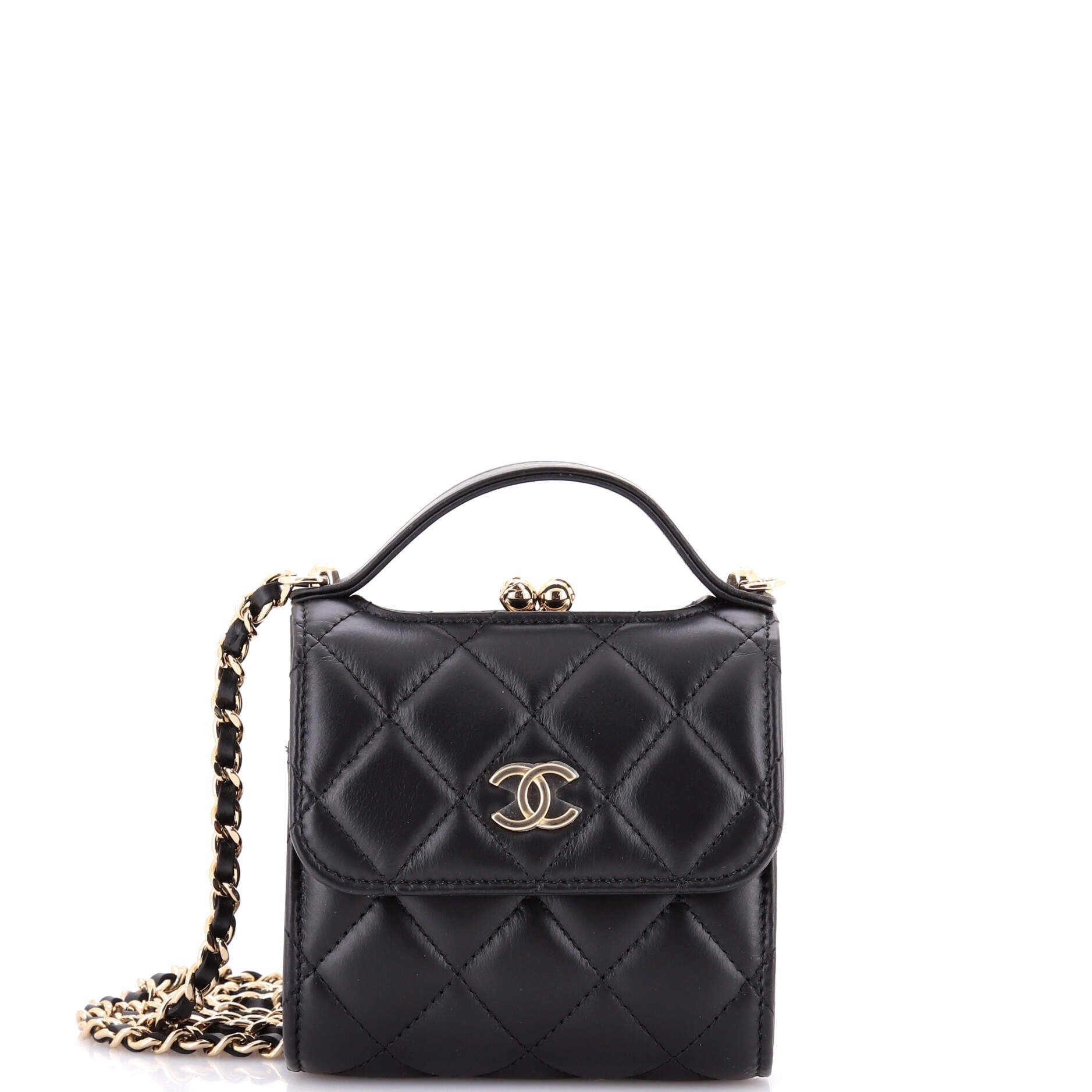 CC Kisslock Frame Top Handle Clutch with Chain Quilted Lambskin Mini
