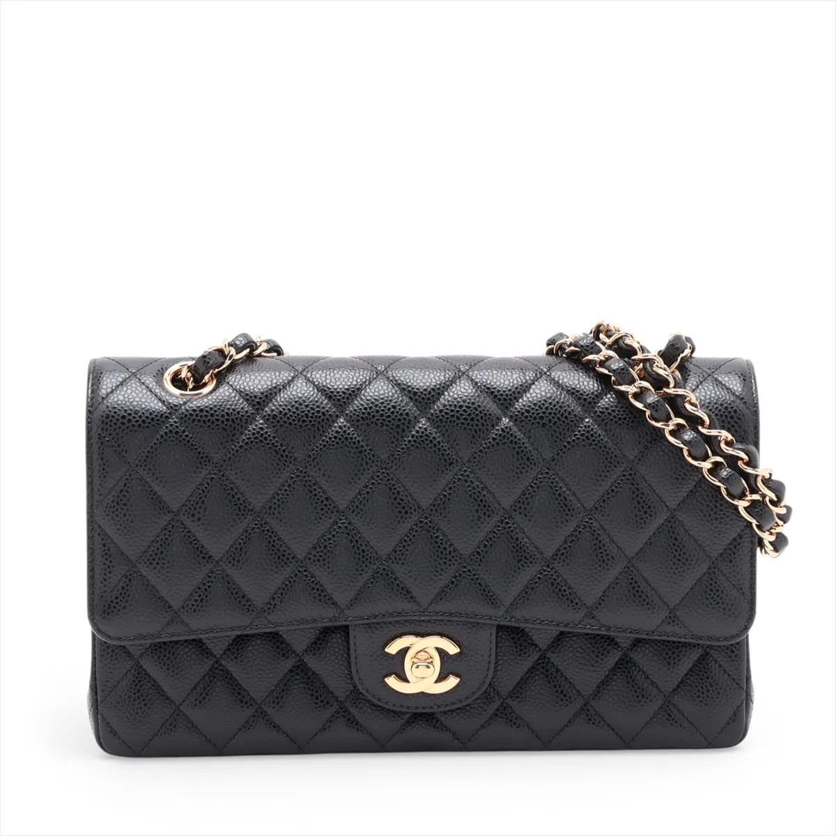 Chanel Matelasse 25 Caviar Skin Double Flap Double Chain Bag Black Gold Metal Fi