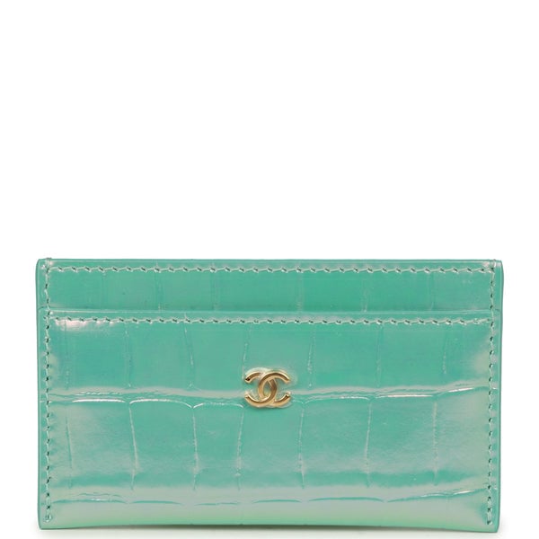 Chanel CC Card Holder Wallet Turquoise Iridescent Croc Embossed Calfskin Gold Hardware
