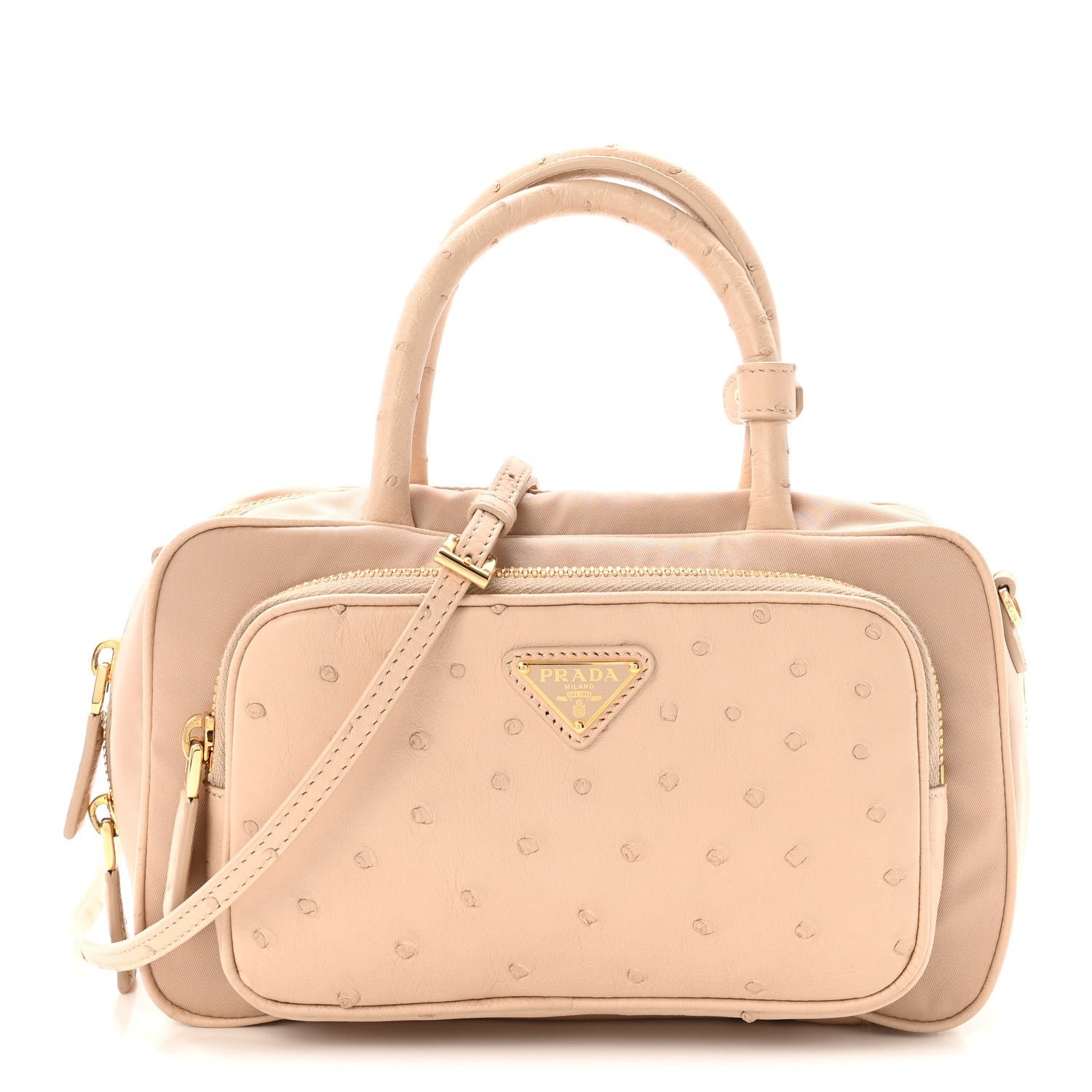 Prada Prada Re-Nylon Ostrich Bauletto Bag Cammeo