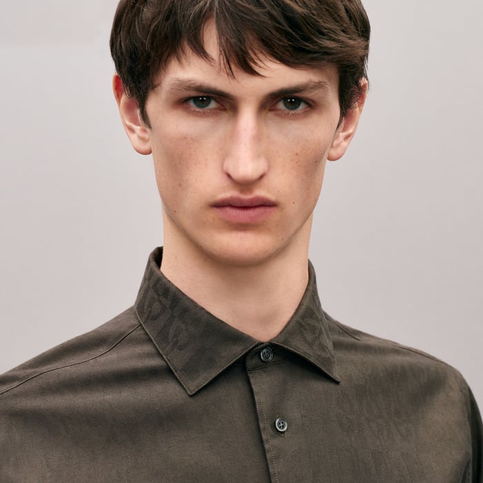 Taupe "Jacquard Optique Chaine" Straight Cut Shirt With Paolo Collar