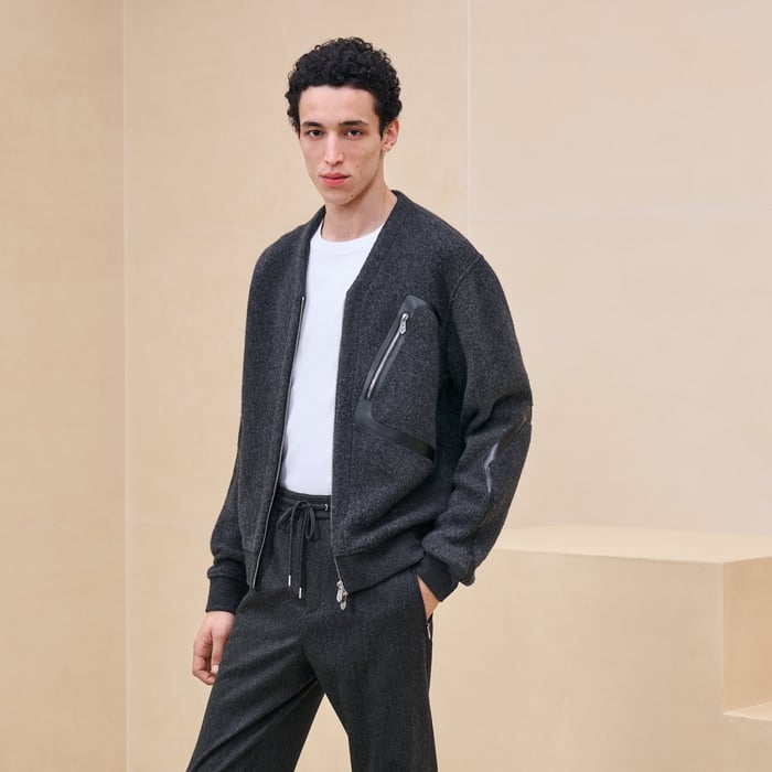 Gris Foncé Zipped Varsity Cardigan With Leather Detail