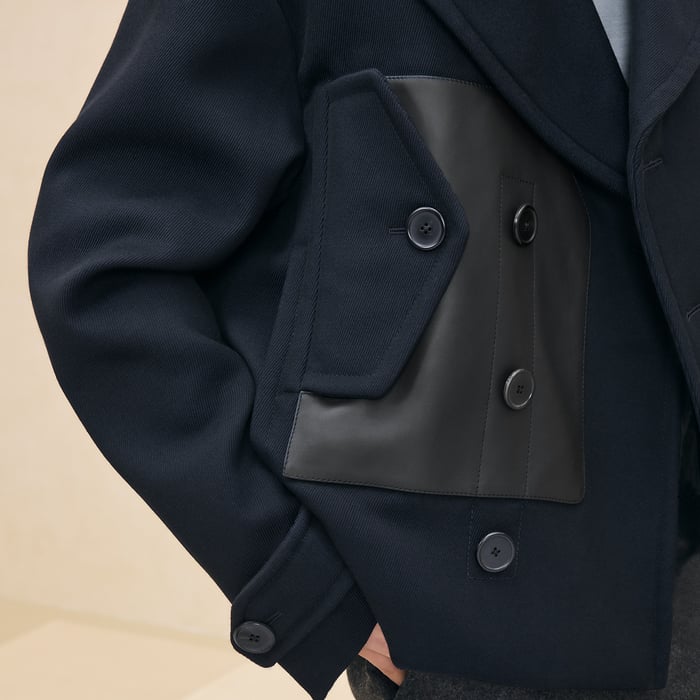 Marine Pea Coat With Leather Details