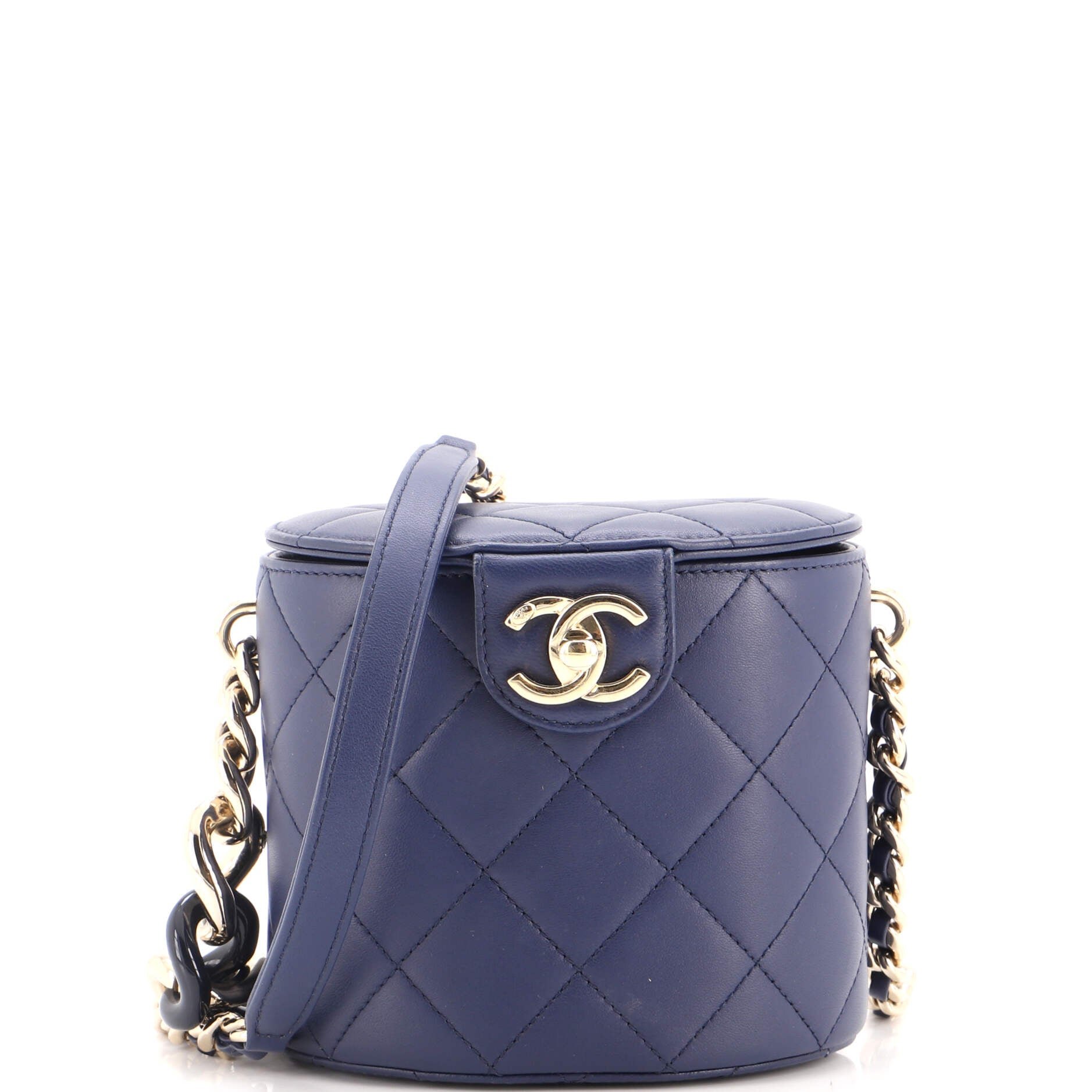Resin Elegant Chain Tubular Vanity Case Quilted Lambskin Small