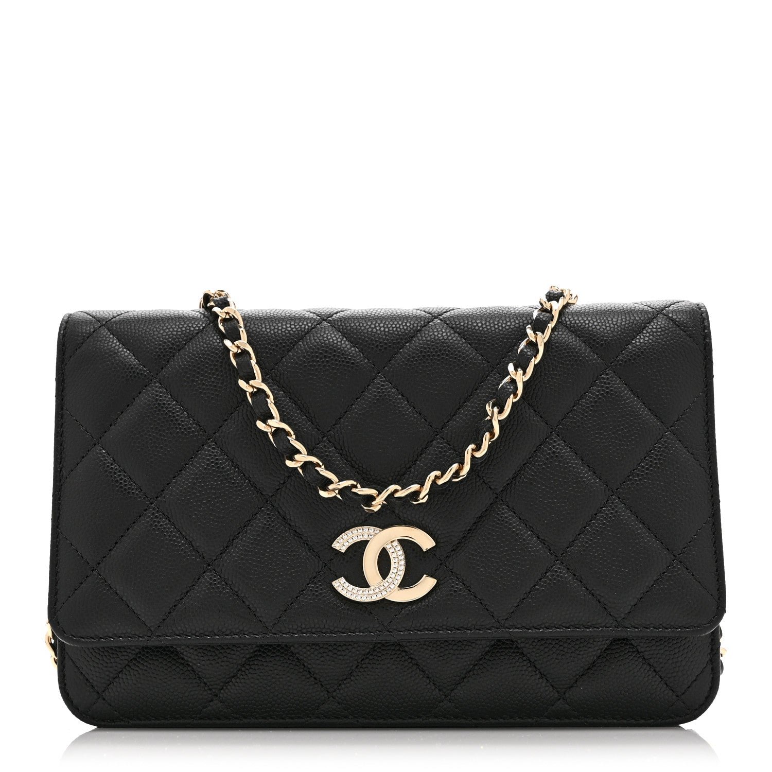 Chanel Caviar Quilted Crystal CC Wallet On Chain WOC Black