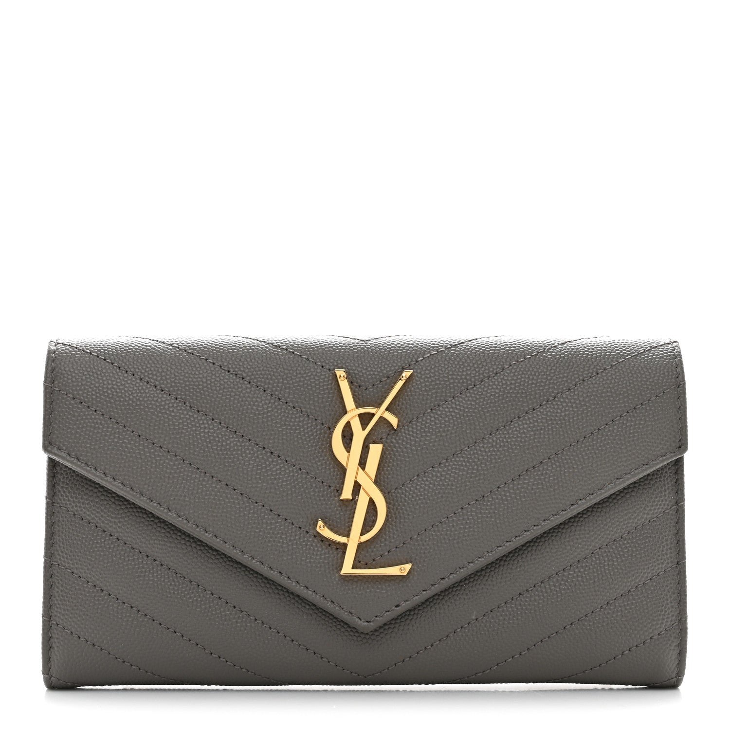 Saint Laurent Grain De Poudre Matelasse Chevron Monogram Flap Wallet Fog