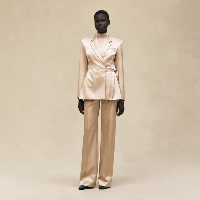 Beige Gold Suit Jacket With Knotted Waist