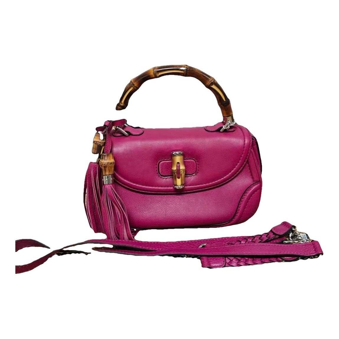 Convertible Pompon Bamboo Top Handle leather handbag