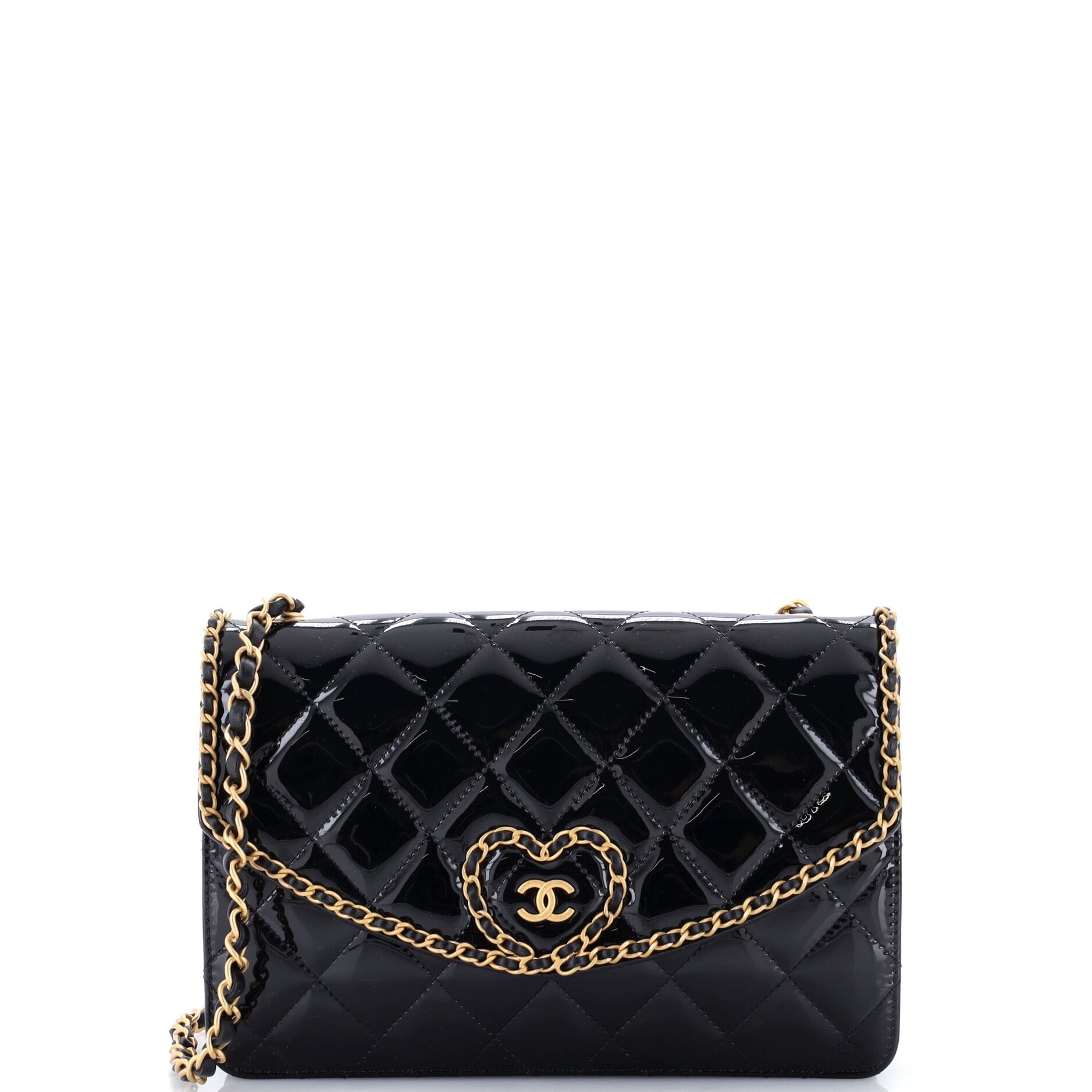 Heart Chain Flap Bag Quilted Patent Small