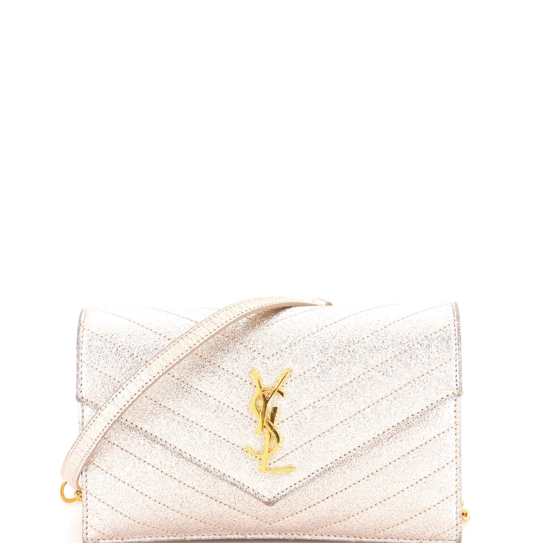 Classic Monogram Wallet on Chain Matelasse Chevron Metallic Leather Small