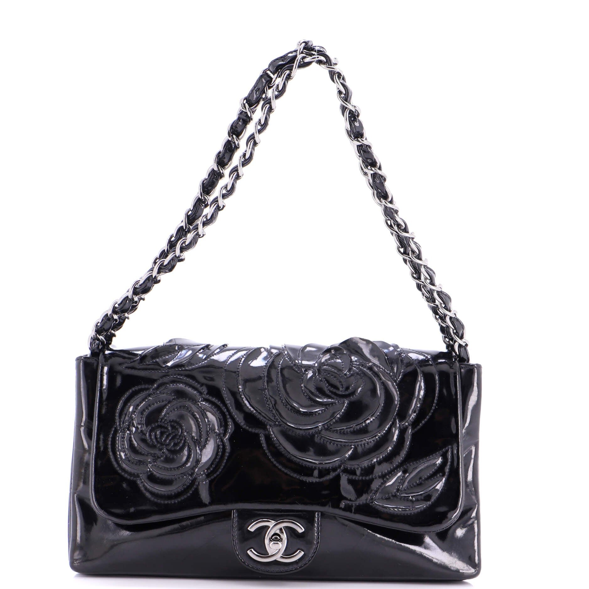 Tweed Petals Camellia Flap Bag Patent Medium