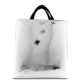Prada Metallic Spazzolato Embossed Tote Argento