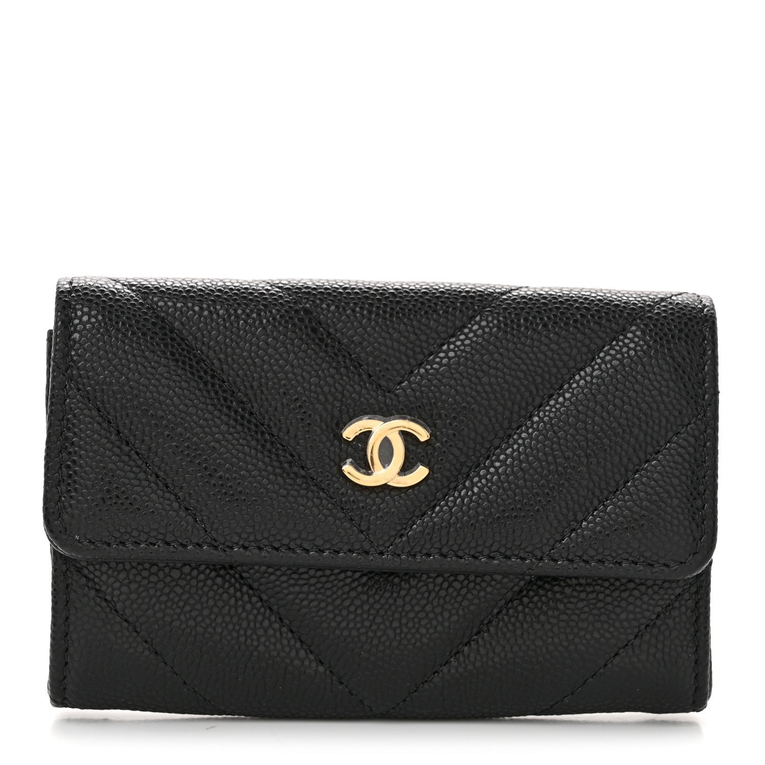 Chanel Shiny Caviar Chevron Quilted Flap Card Holder Black
