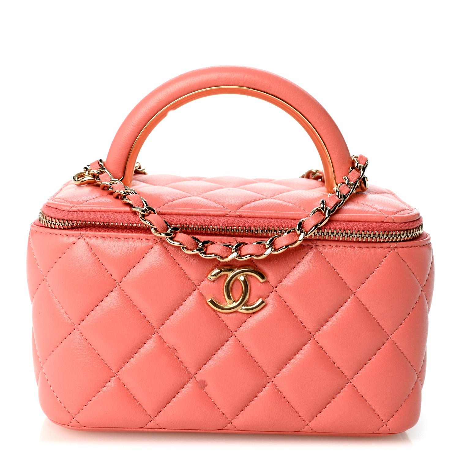 Chanel Lambskin Quilted Small Charming Top Handle Vanity Case With Chain Pink