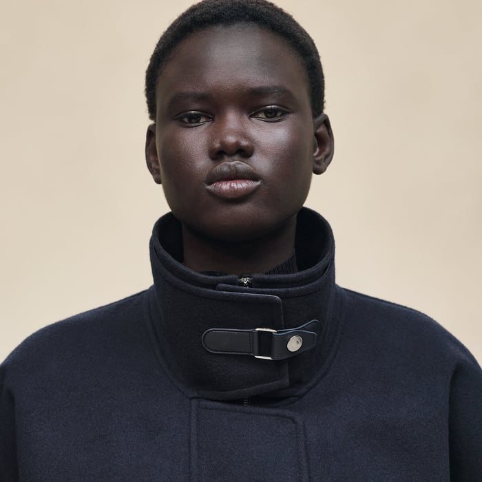 Bleu Noir Short Mixed Leather Cashmere Coat