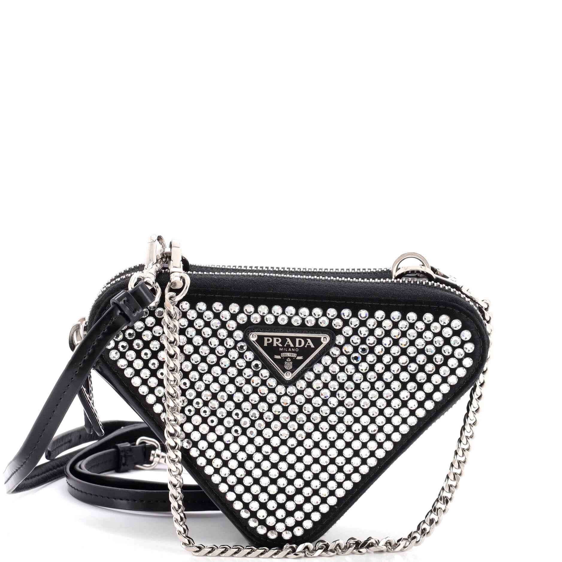 Triangle Double Pouch Crossbody Crystal Embellished Satin Mini