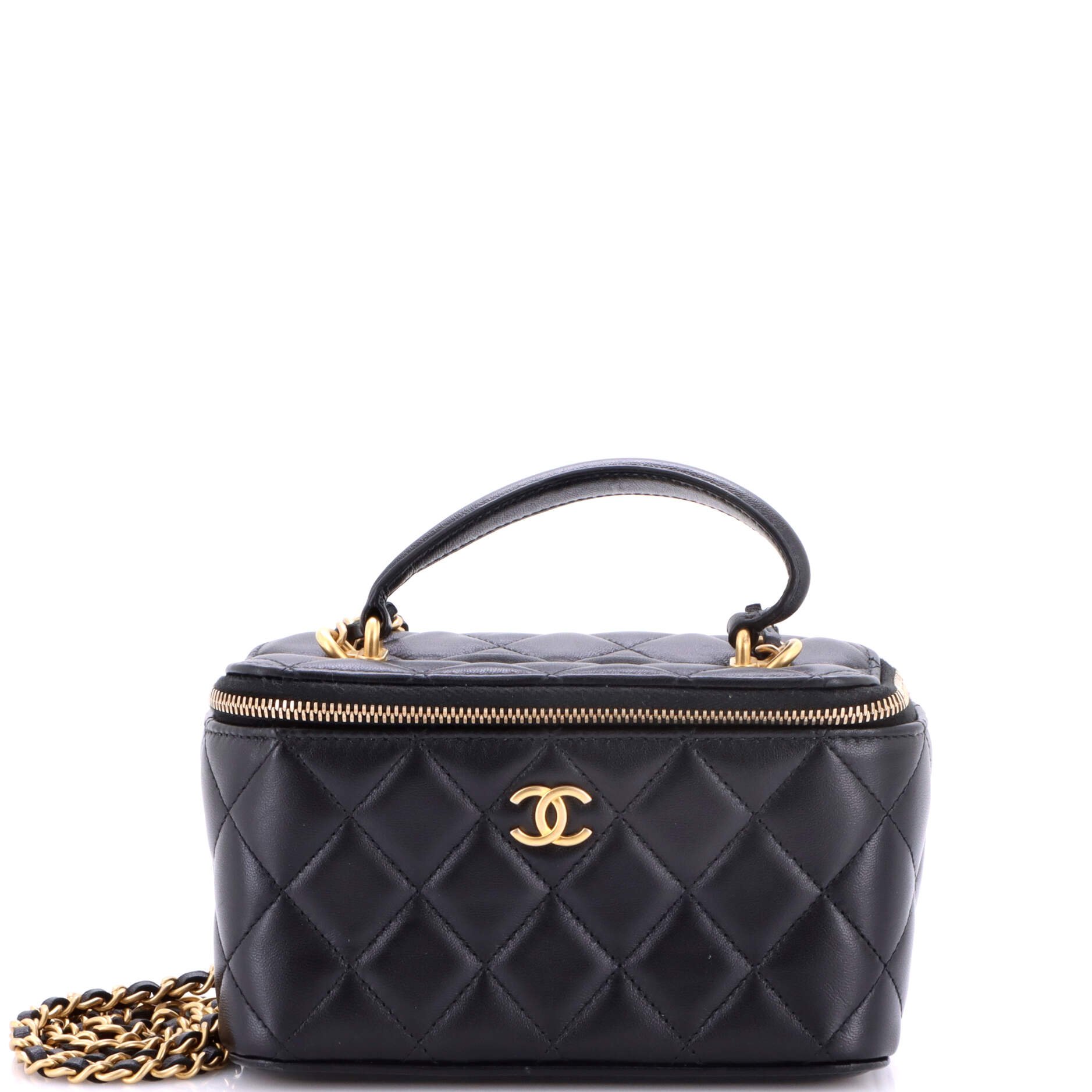 Classic Top Handle Vanity Case with Chain Quilted Lambskin Small