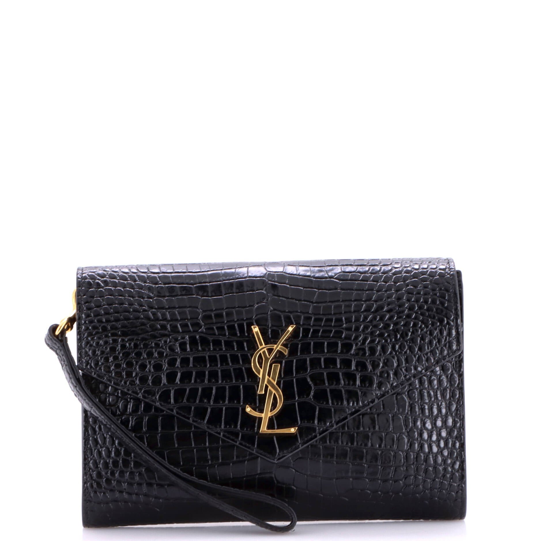 Cassandre Flap Envelope Wristlet Pouch Crocodile Embossed Leather