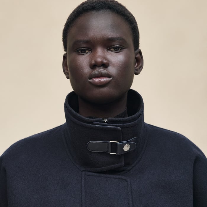 Bleu Noir Short Mixed Leather Cashmere Coat
