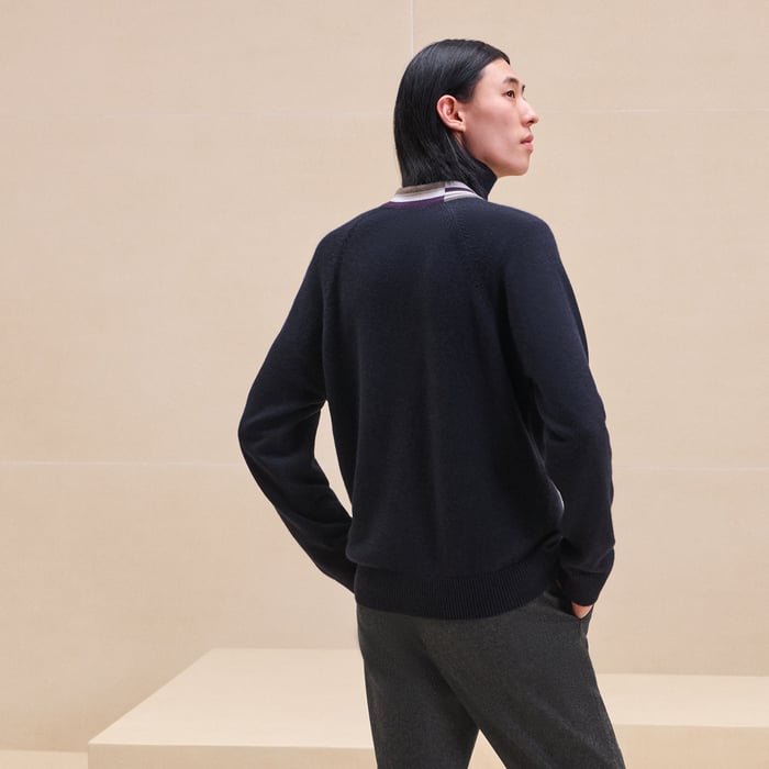 Marine Cashmere "Rayures Asymetriques" Buttoned Cardigan