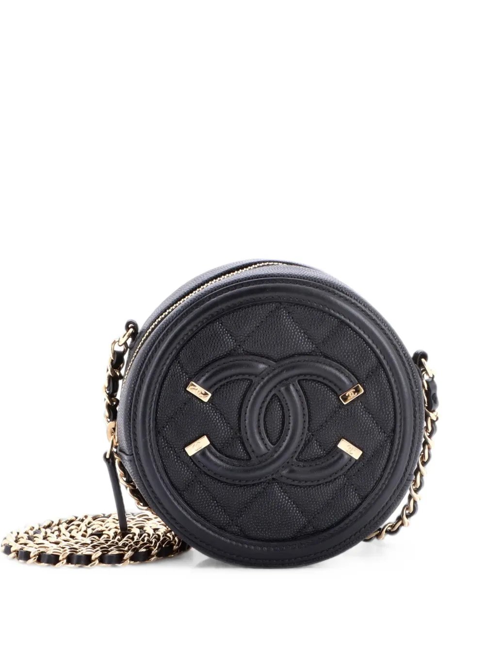 Filigree Round Clutch with Chain Quilted Caviar Mini crossbody bag