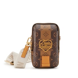 Louis Vuitton Virgil Abloh NIGO Brown Monogram Striped Coated Canvas Flap Double Phone Pouch Gold Hardware, 2021