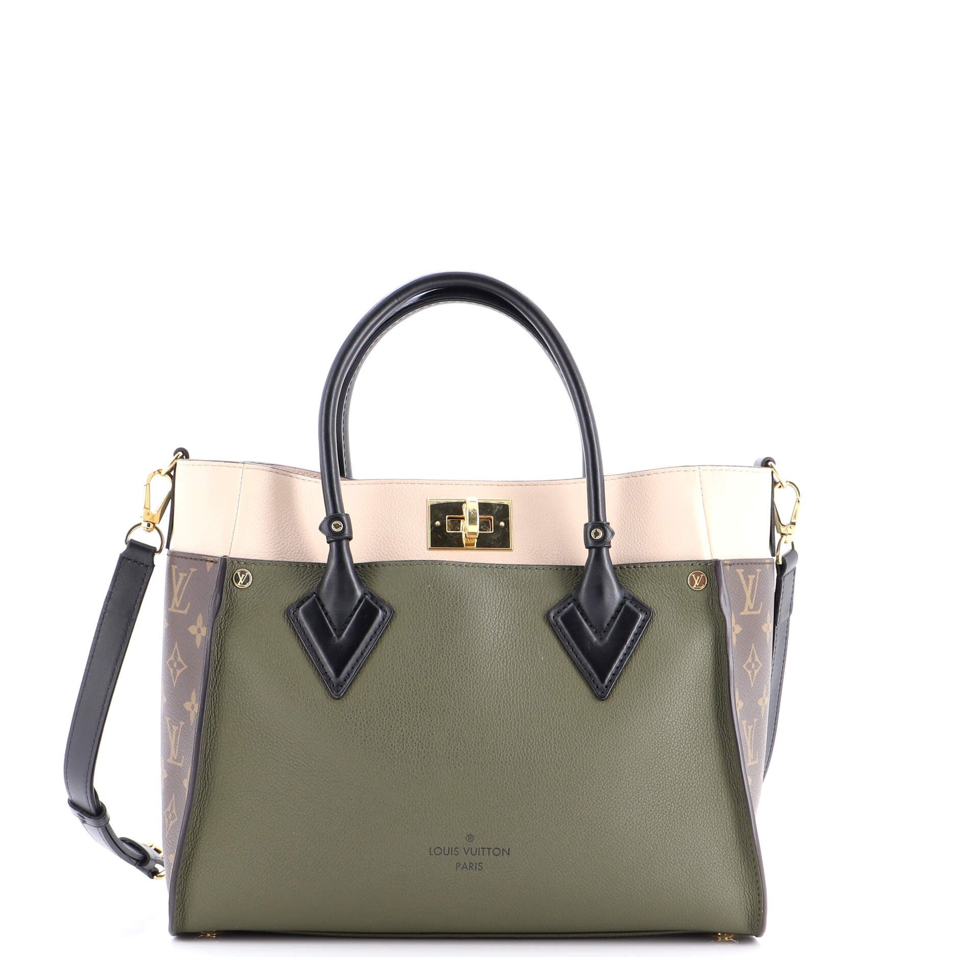 On My Side Tote Leather with Monogram Canvas MM