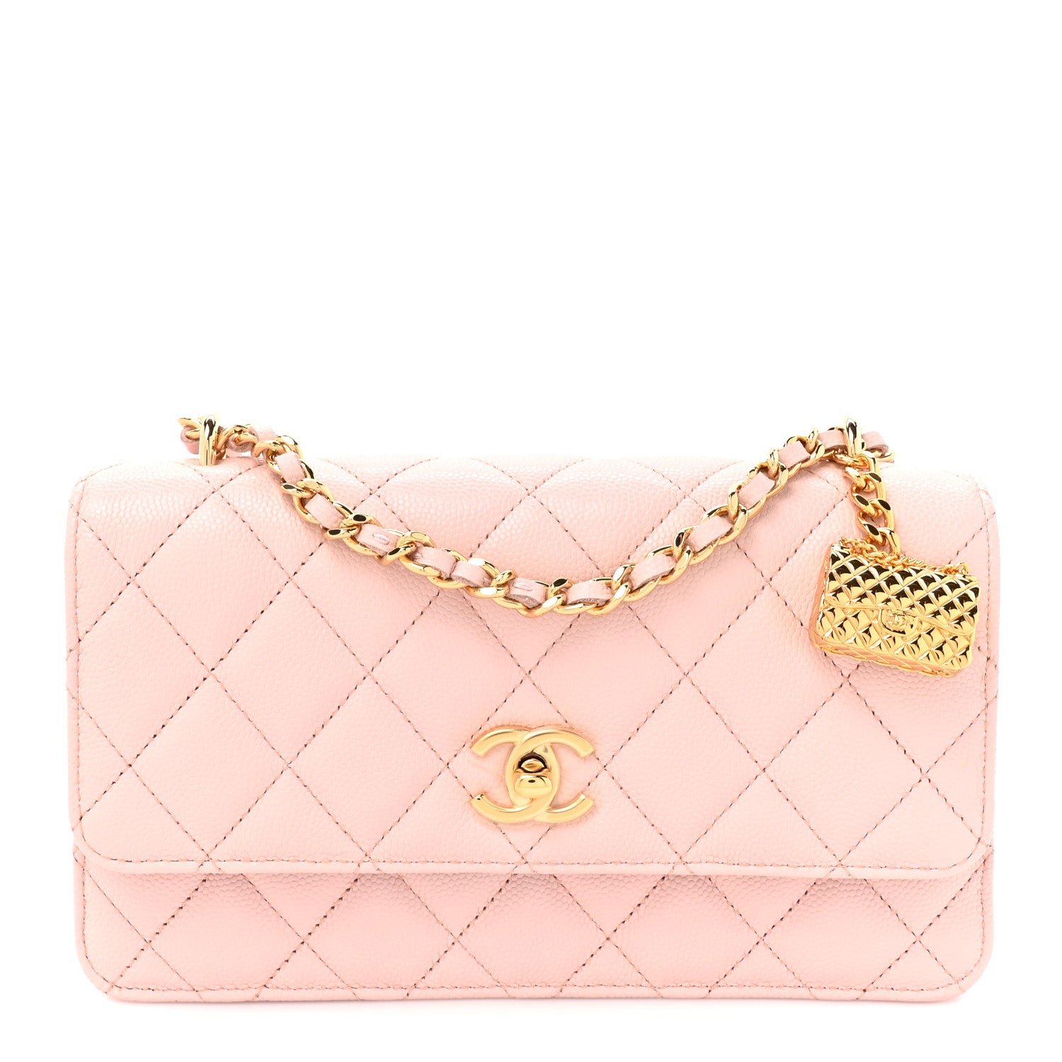 Chanel Shiny Caviar Quilted Flap Charm Wallet On Chain WOC Light Pink
