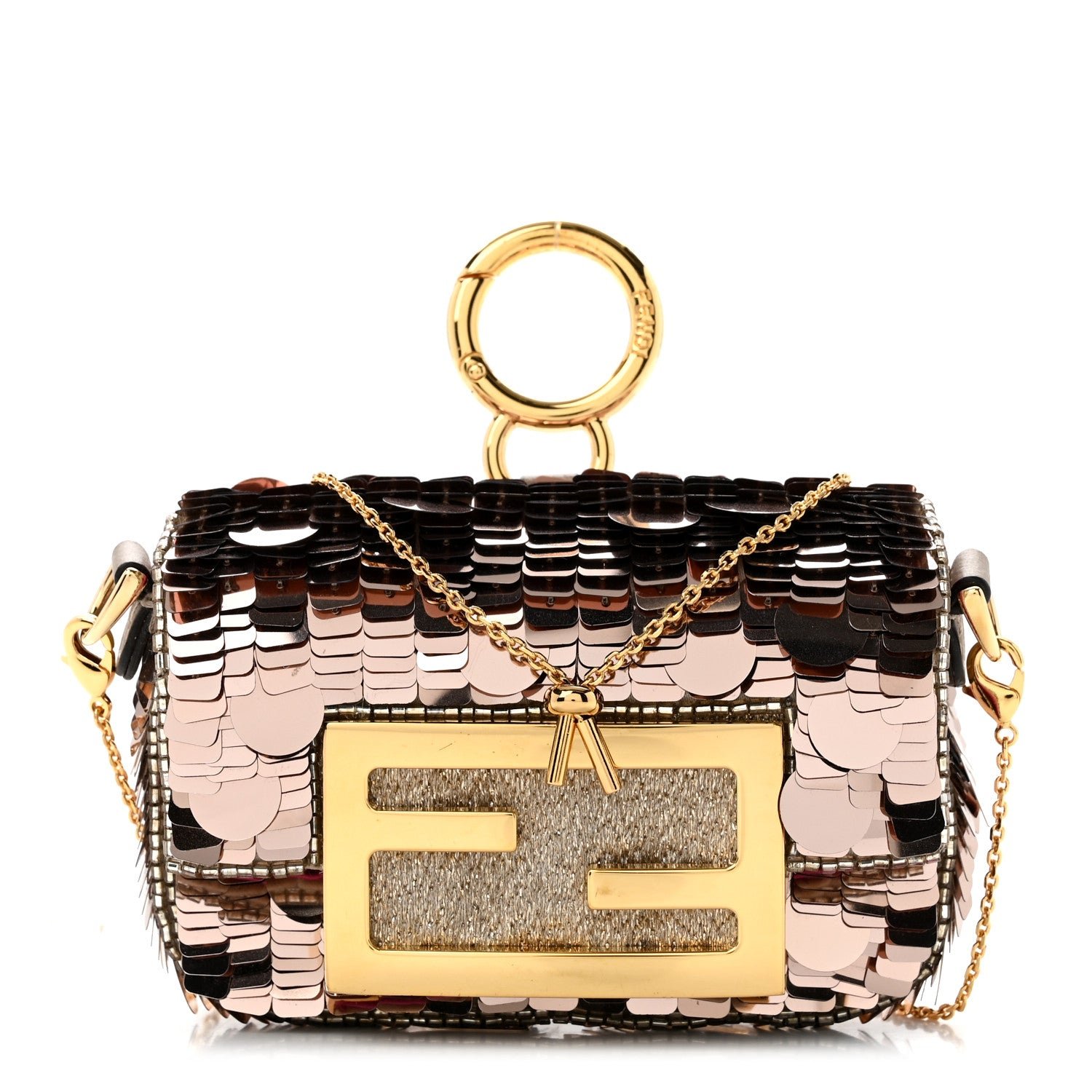 Fendi Sequin Paillettes Shiny Nappa Sex and the City Nano Maxi Buckle Baguette Charm Tortora