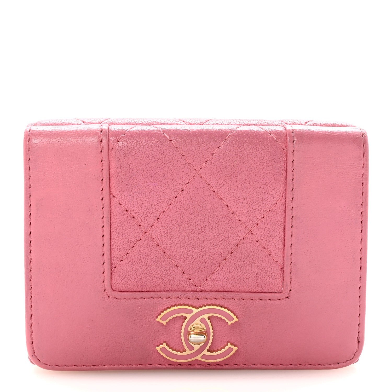 Chanel Sheepskin Quilted Vintage Mademoiselle Trifold Wallet Dark Pink