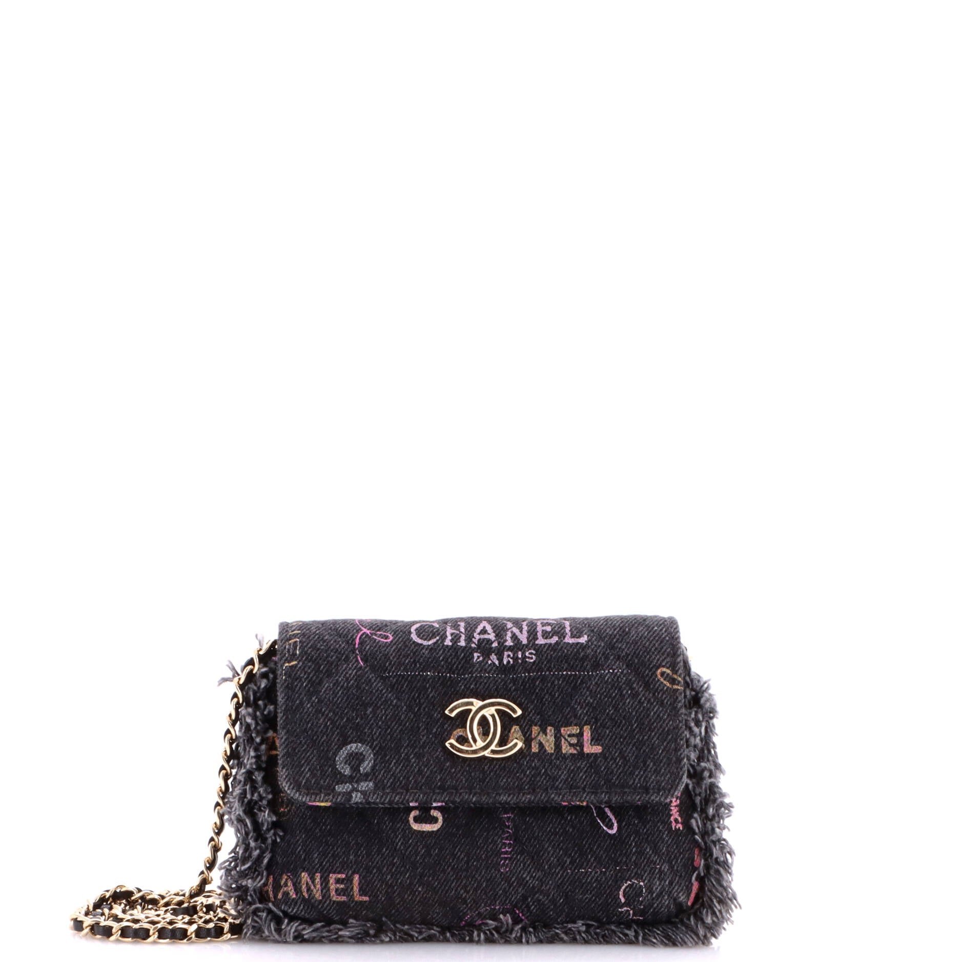 Denim Mood Flap Clutch with Chain Logo Printed Quilted Fringe Denim