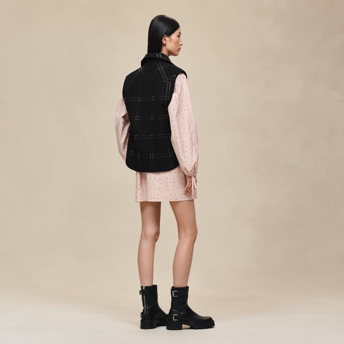 Noir Embroidered Short Vest With Leather Detail
