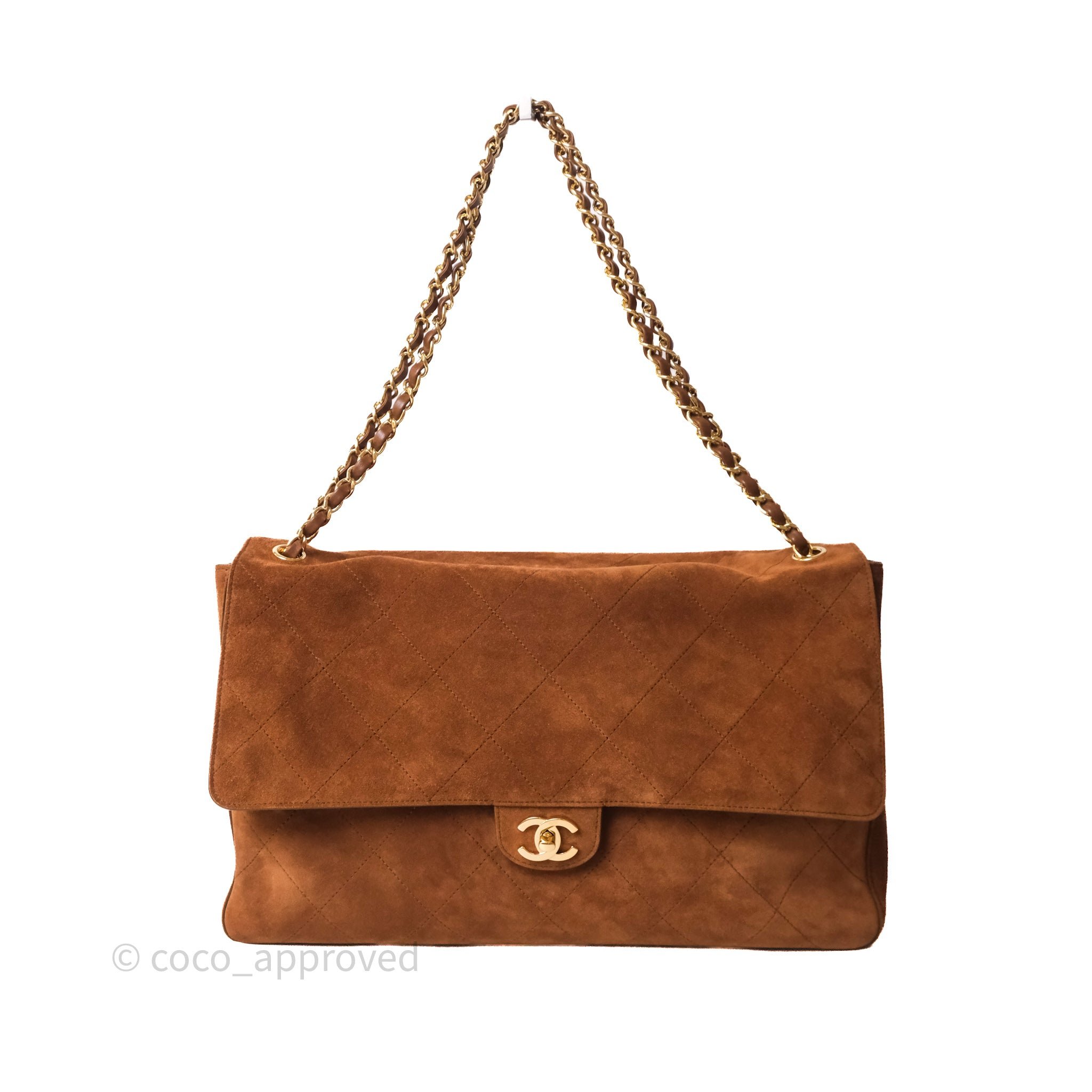 Chanel Maxi Flap Bag 38.5cm Suede Calfskin Camel Gold Hardware