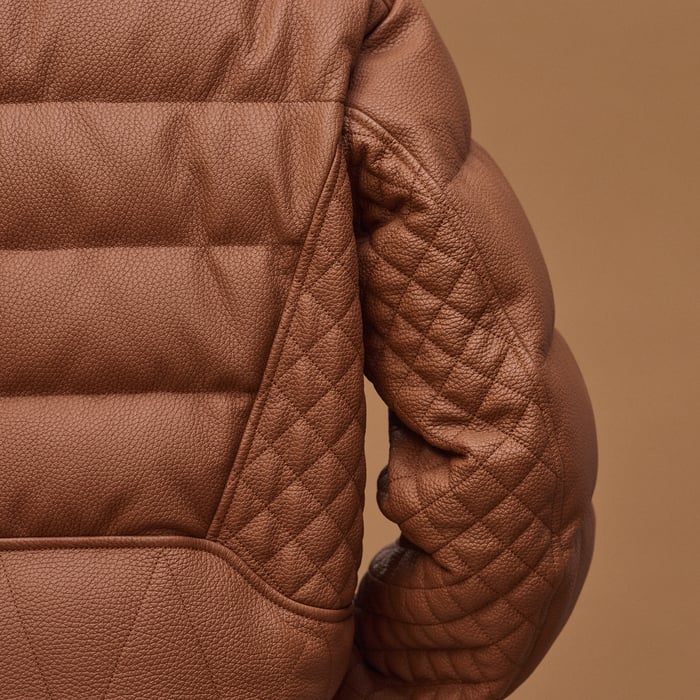 Marron Fauve Leather Puffer Coat