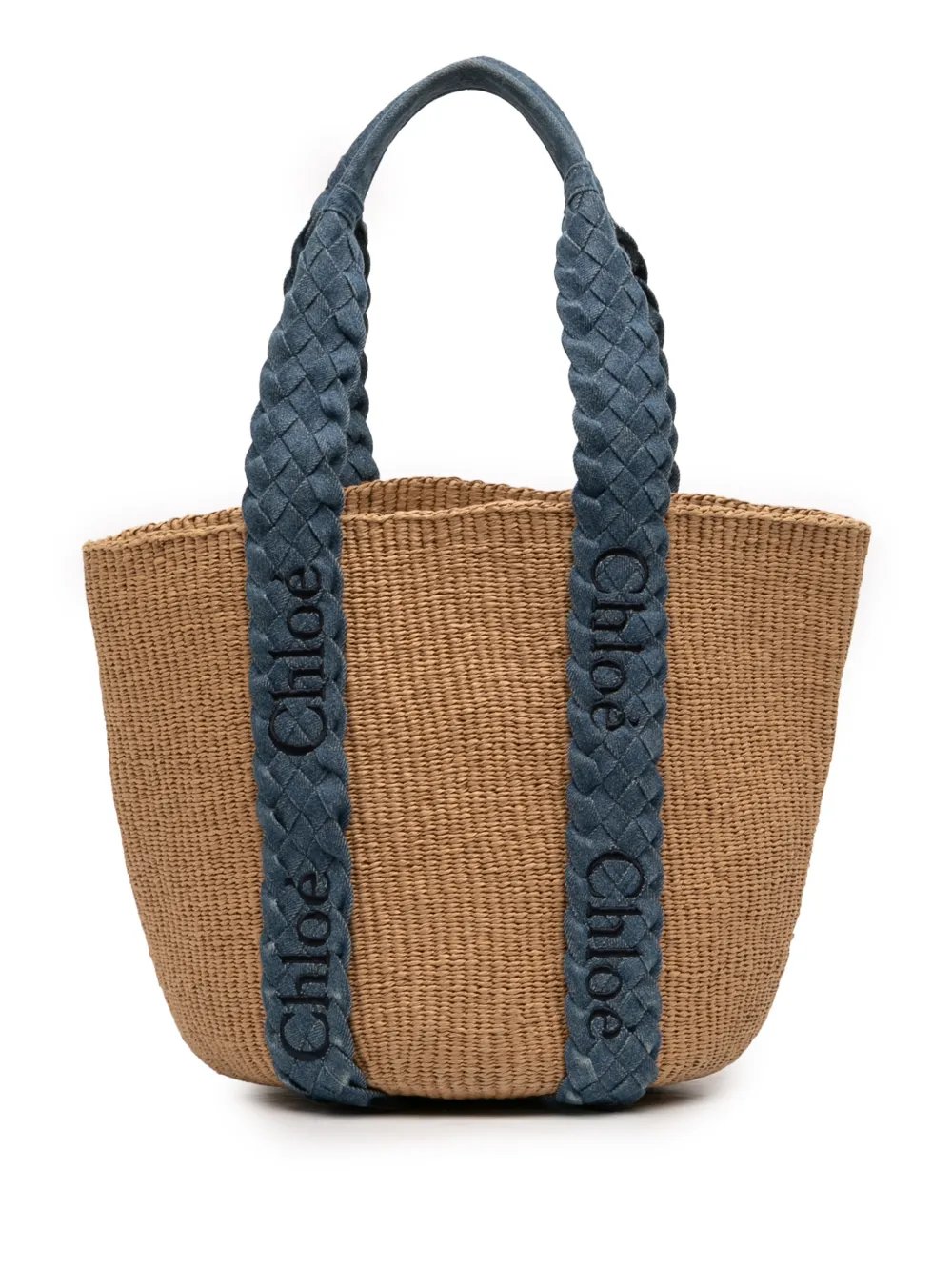 2024 Medium Raffia Denim Woody Basket tote bag
