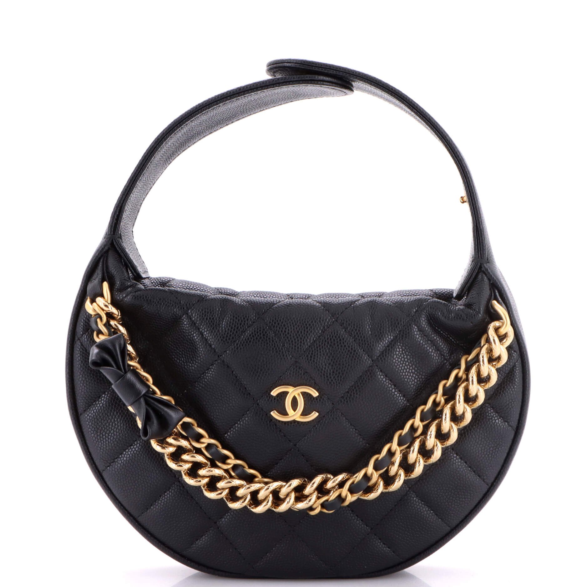Double Chain Bow Hobo Pouch Quilted Caviar Mini