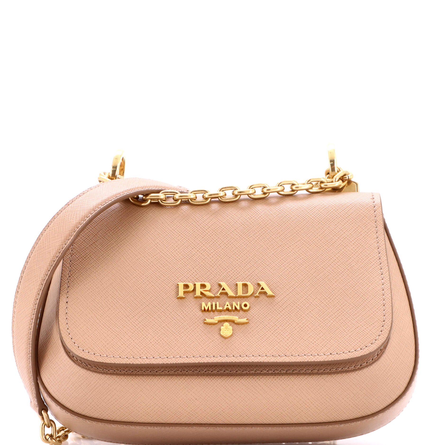 Prada Round Chain Flap Crossbody Bag Saffiano Leather Small