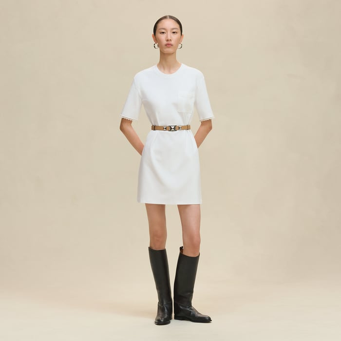 Blanc Embroidered Pocket Flared Dress