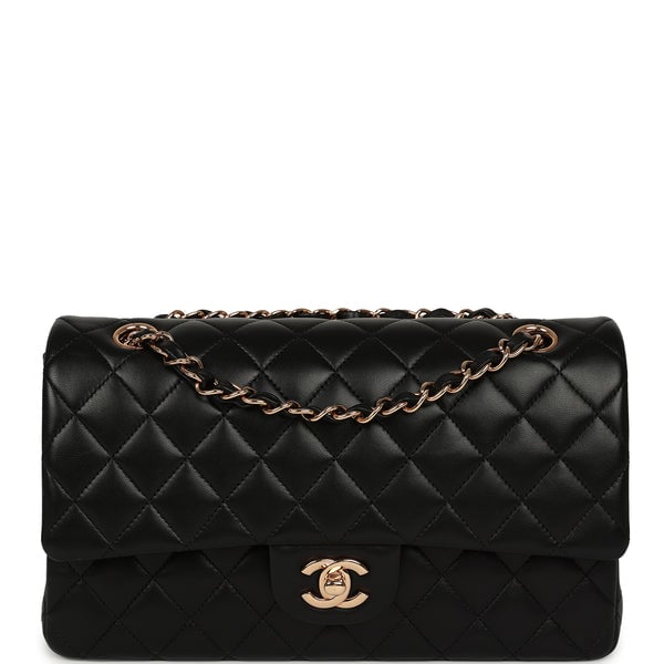 Pre-owned Chanel Medium Classic Double Flap Black Lambskin Rose Gold Hardware