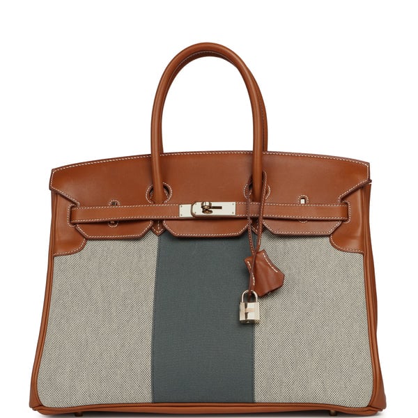 Pre-owned Hermes Birkin 35 Flag Fauve Barenia, Ecru-Black Toile, Bleu Orage Toile Canvas Permabrass Hardware