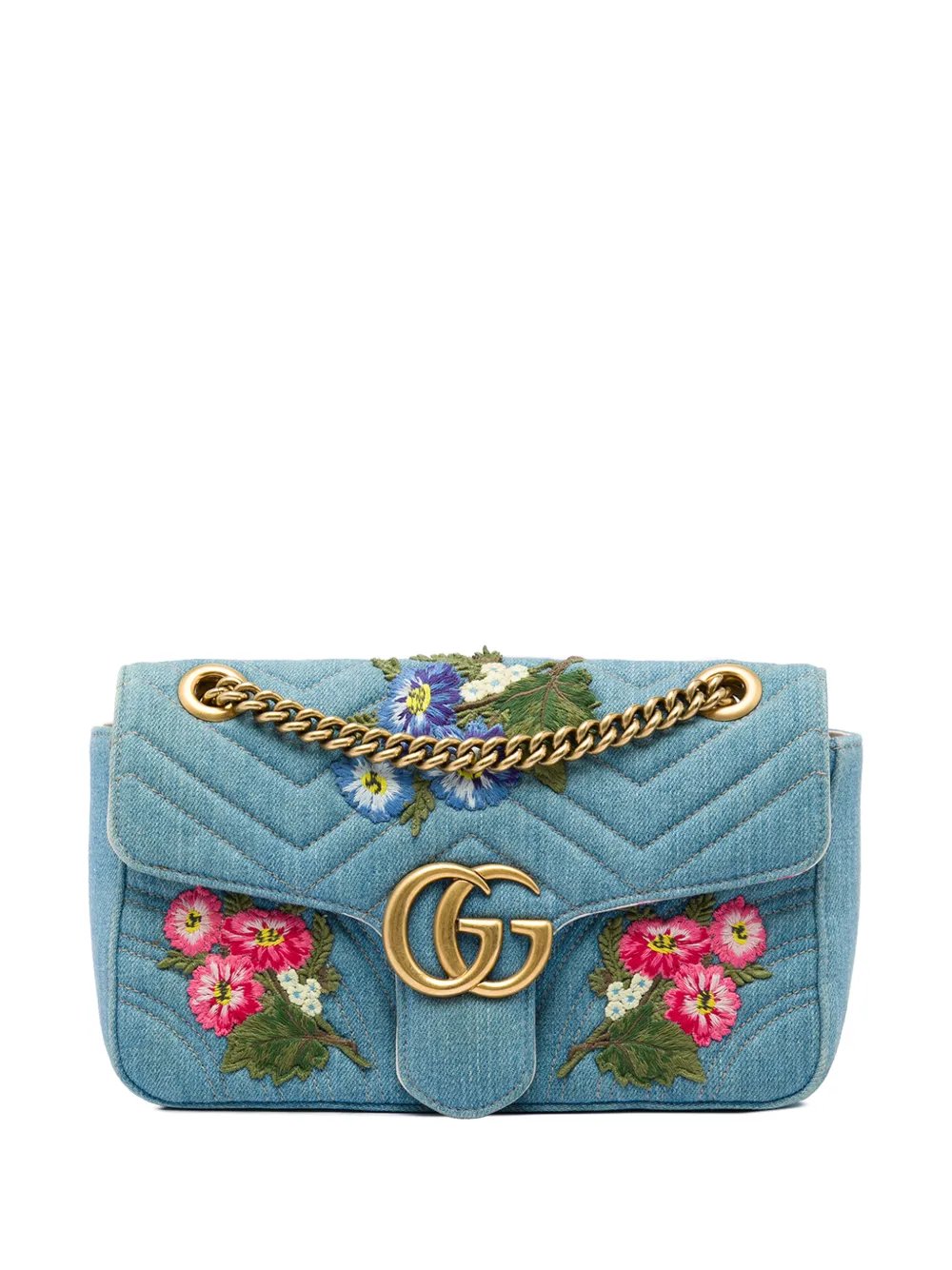 2016-2026 Medium GG Marmont Matelasse Denim Floral Embroidered shoulder bag